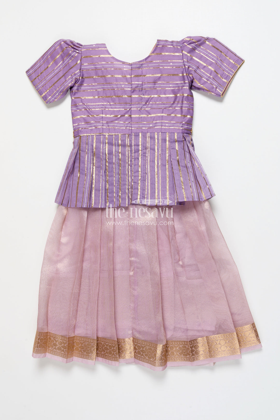 The Nesavu Pattu Pavadai Traditional Pattu Pavadai for Toddler Girls for Poojas and Festive Dressing Nesavu Nesavu pattu pavadai toddler girls gold-detailed tissue silk banaras yoke