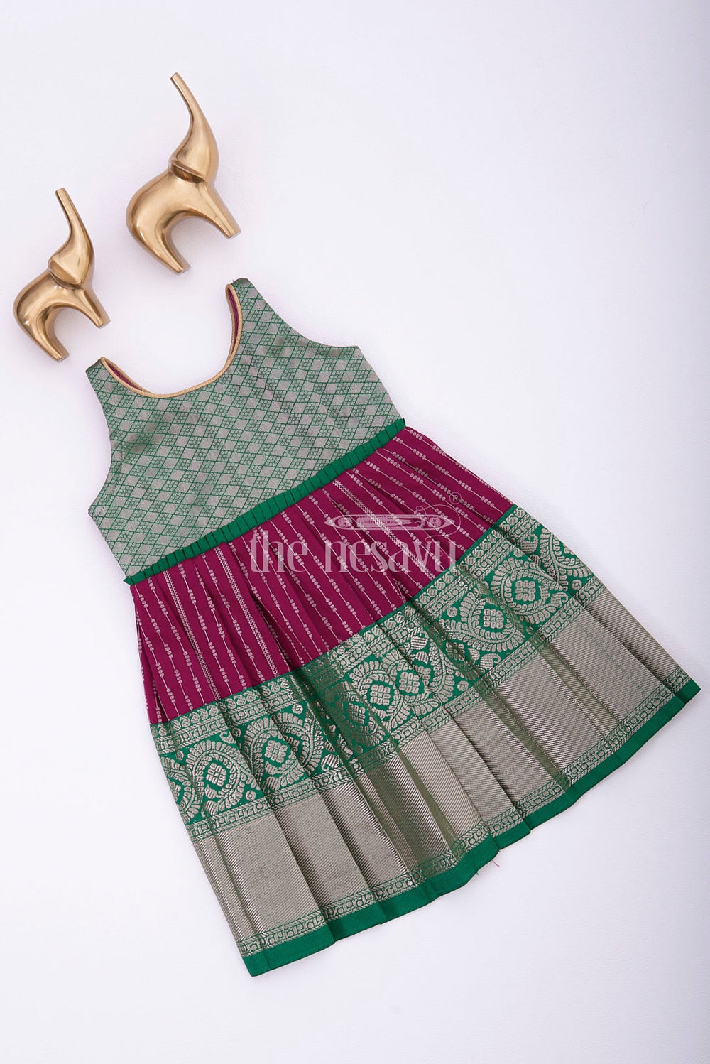 The Nesavu Girls Kanchi Silk Frock Traditional Pattu Saree Frock for Girls with Semi Kanjivaram Tissue Silk Nesavu 14 (6M) / Green / Style 2 SF898B-14 Nesavu Pattu Saree Frock for Girls - Semi Kanjivaram Tissue Silk Dress for Festive & Wedding Wear