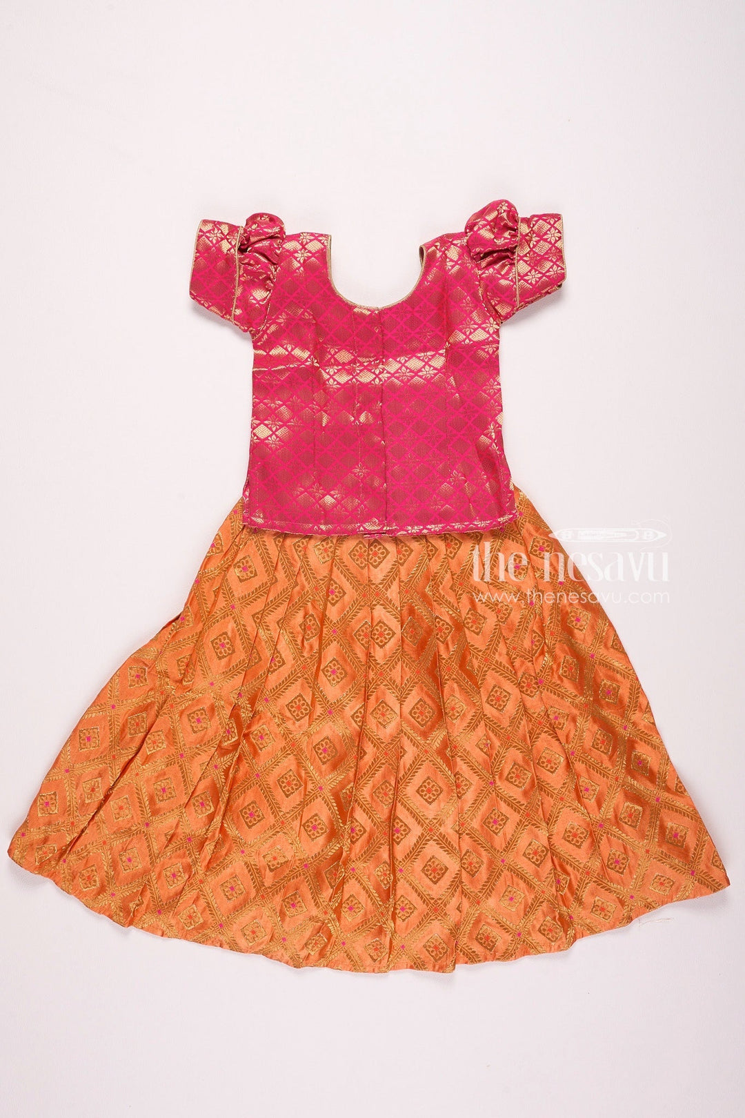 The Nesavu Pattu Pavadai Traditional Pink and Orange Silk Pattu Pavadai for Kids Nesavu Pink and Orange Silk Pattu Pavadai for Kids - Traditional Festive Wear