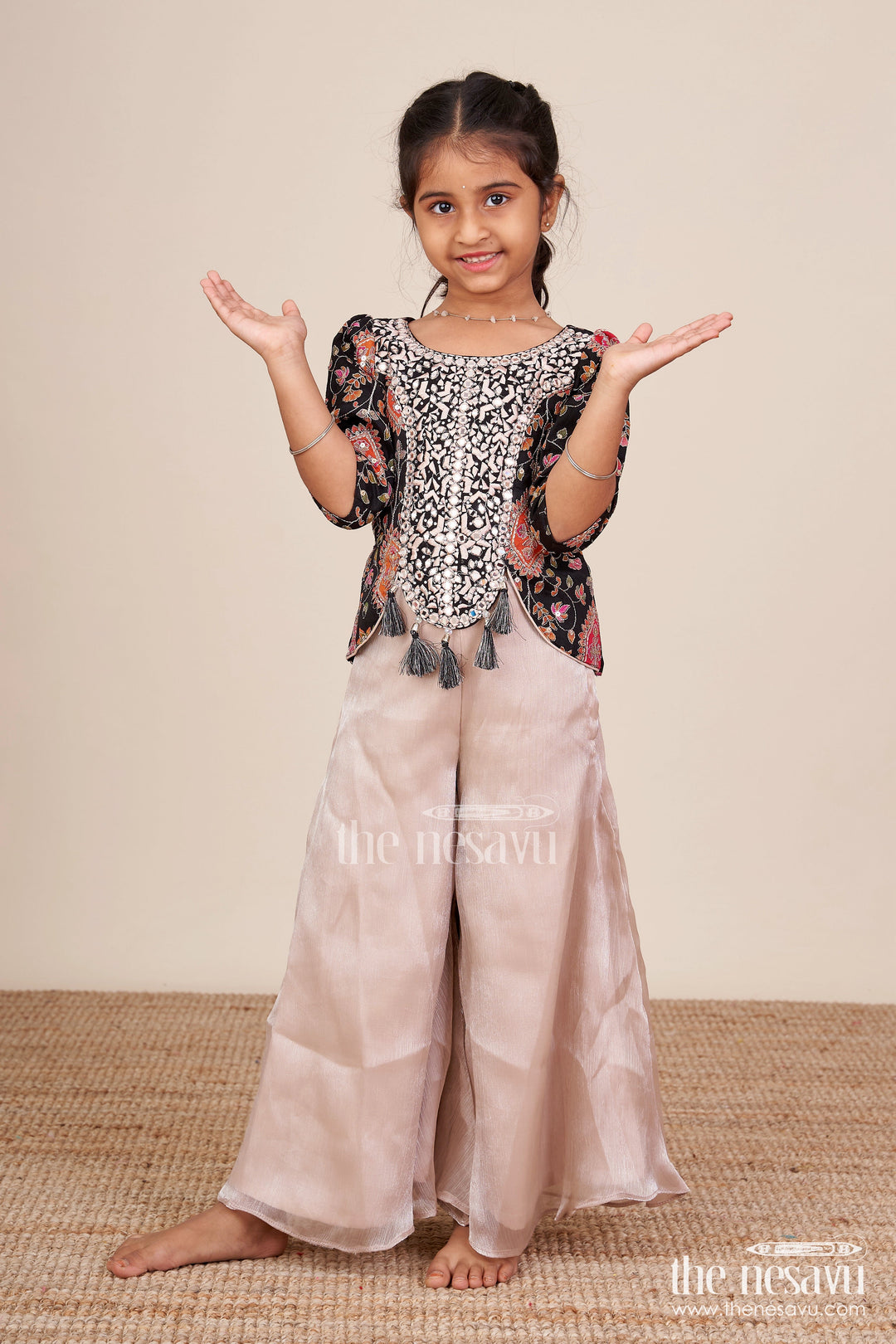 The Nesavu Girls Sharara / Plazo Set Traditional Plazo Set with Mirror Embroidery Jacket for Girls Nesavu 24 (5Y) / Black GPS654B-24 Nesavu traditional plazo set mirror embroidery  best pick weddings festive wear