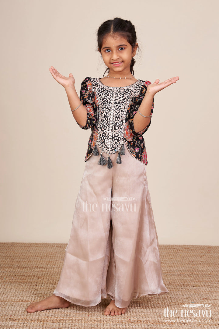 The Nesavu Girls Sharara / Plazo Set Traditional Plazo Set with Mirror Embroidery Jacket for Girls Nesavu 24 (5Y) / Black GPS654B-24 Nesavu traditional plazo set mirror embroidery  best pick weddings festive wear