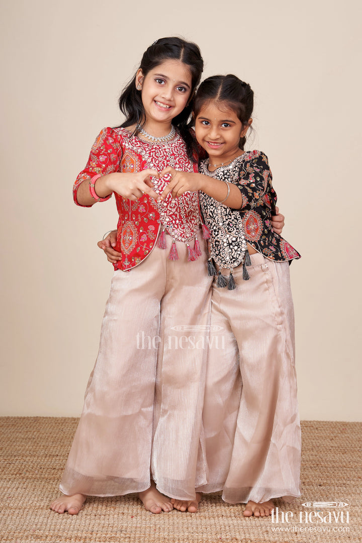 The Nesavu Girls Sharara / Plazo Set Traditional Plazo Set with Mirror Embroidery Jacket for Girls Nesavu Nesavu traditional plazo set mirror embroidery  best pick weddings festive wear