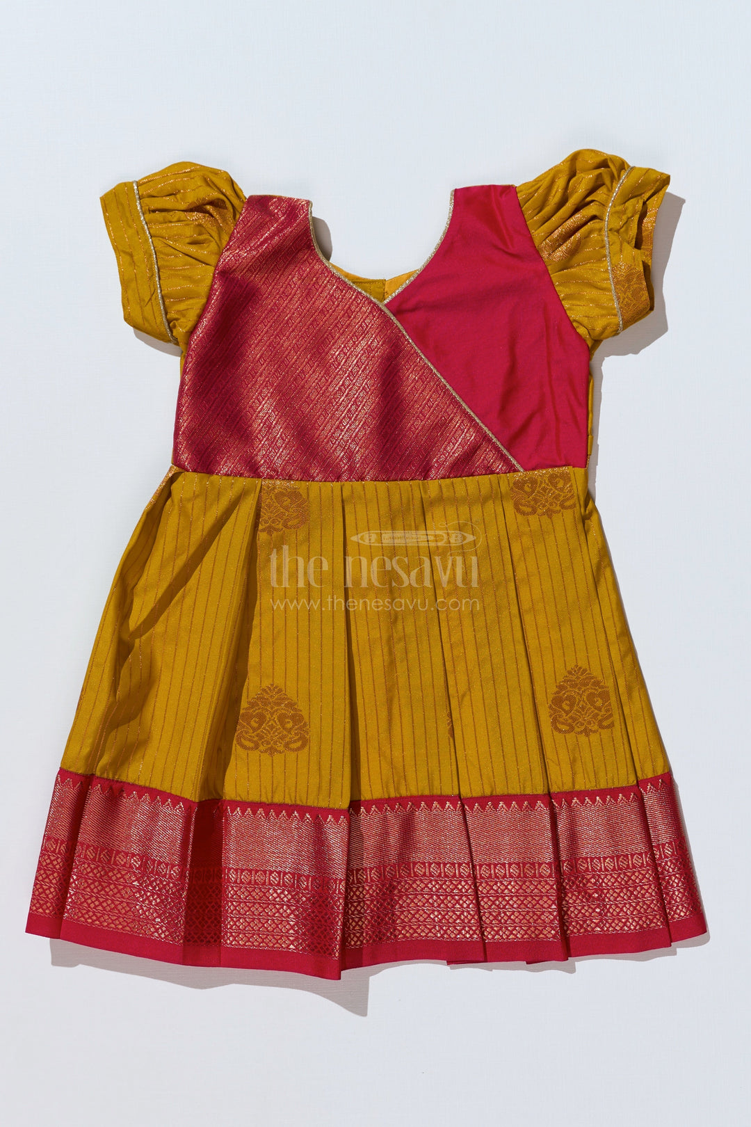 The Nesavu Girls Kanchi Silk Frock Traditional Red Silk Frock for Girls with Kanchipuram Blended Silk and Elegant Zari Border Nesavu 14 (6M) / Red / Style 3 SF816DC-14 Traditional Red Silk Frock Girls Kanchipuram Blended Silk Zari Border | The Nesavu