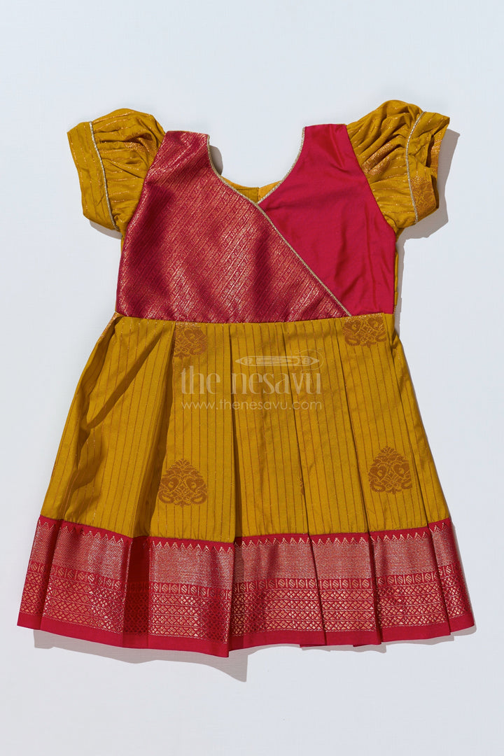 The Nesavu Girls Kanchi Silk Frock Traditional Red Silk Frock for Girls with Kanchipuram Blended Silk and Elegant Zari Border Nesavu 14 (6M) / Red / Style 3 SF816DC-14 Traditional Red Silk Frock Girls Kanchipuram Blended Silk Zari Border | The Nesavu