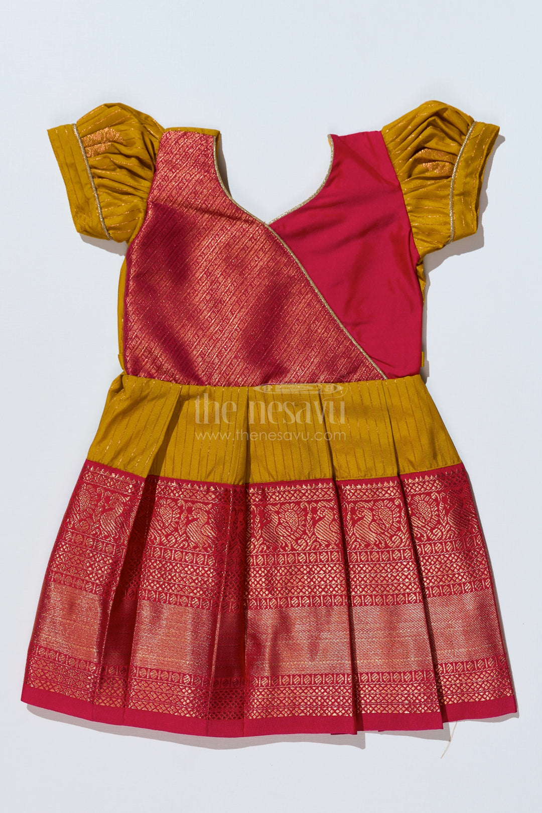 The Nesavu Girls Kanchi Silk Frock Traditional Red Silk Frock for Girls with Kanchipuram Blended Silk and Elegant Zari Border Nesavu 16 (1Y) / Red / Style 1 SF816DA-16 Traditional Red Silk Frock Girls Kanchipuram Blended Silk Zari Border | The Nesavu