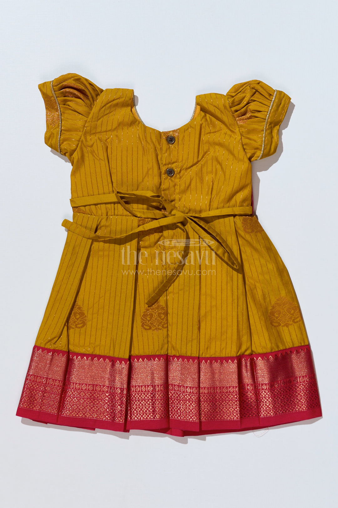 The Nesavu Girls Kanchi Silk Frock Traditional Red Silk Frock for Girls with Kanchipuram Blended Silk and Elegant Zari Border Nesavu Traditional Red Silk Frock Girls Kanchipuram Blended Silk Zari Border | The Nesavu