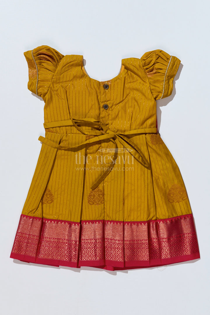 The Nesavu Girls Kanchi Silk Frock Traditional Red Silk Frock for Girls with Kanchipuram Blended Silk and Elegant Zari Border Nesavu Traditional Red Silk Frock Girls Kanchipuram Blended Silk Zari Border | The Nesavu
