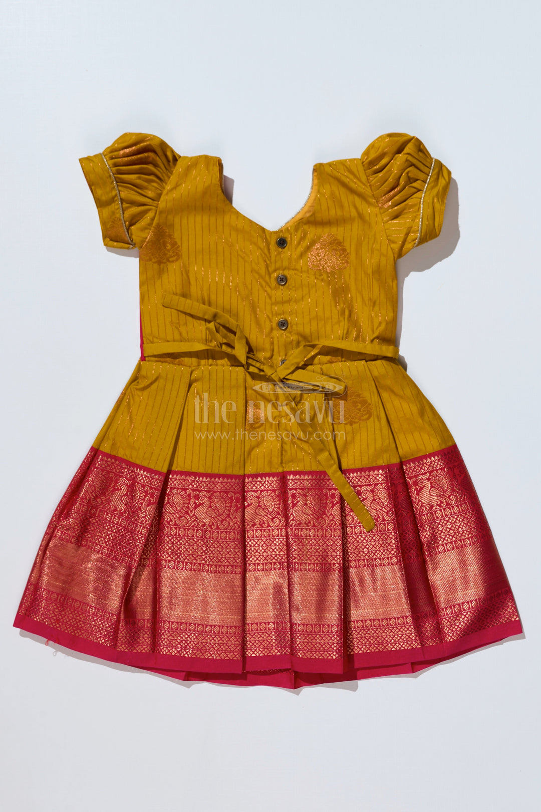 The Nesavu Girls Kanchi Silk Frock Traditional Red Silk Frock for Girls with Kanchipuram Blended Silk and Elegant Zari Border Nesavu Traditional Red Silk Frock Girls Kanchipuram Blended Silk Zari Border | The Nesavu