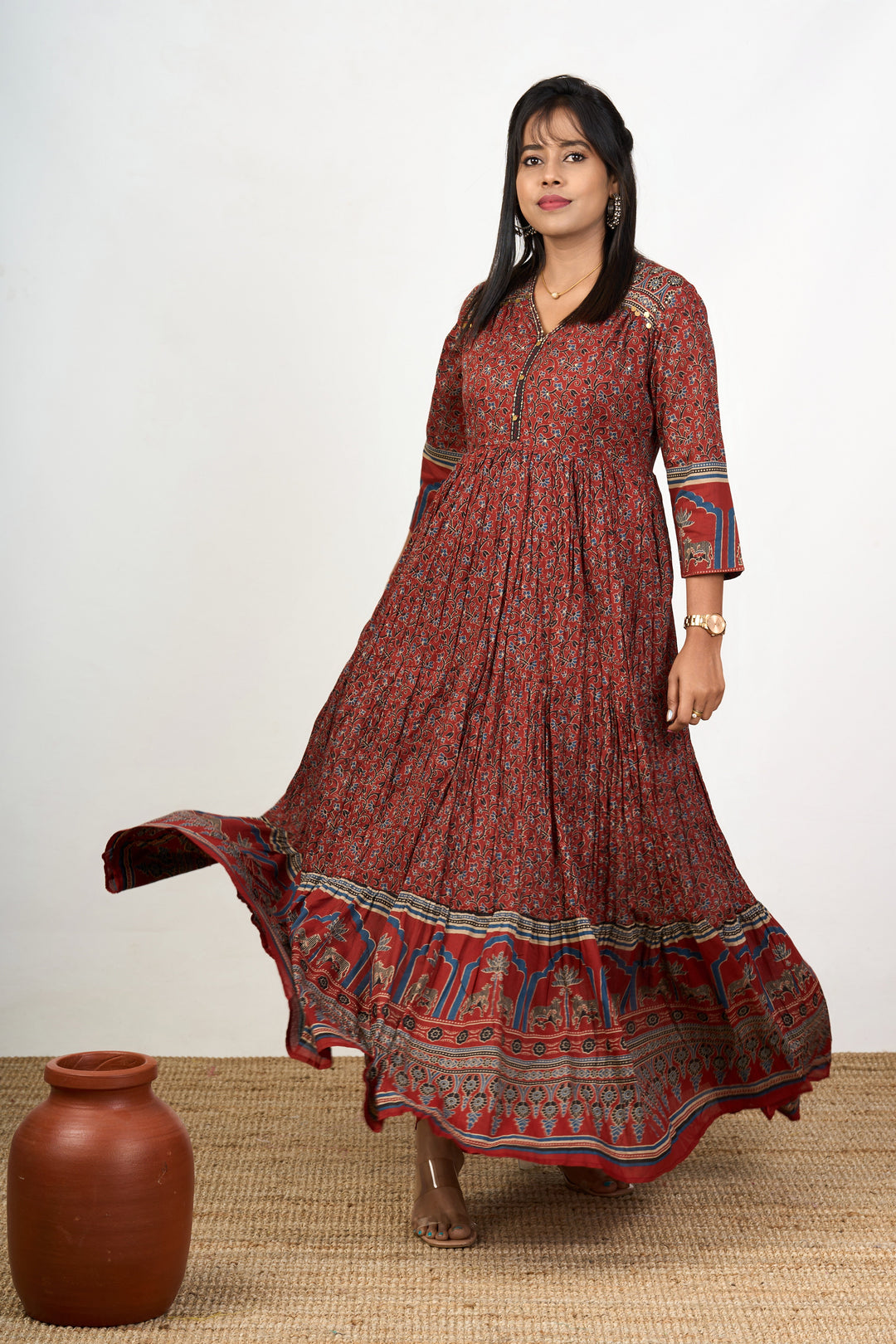 The Nesavu Womens Flared Kurthas Traditional Rust Cotton Women's Flared Kurtha with Intricate Patterns Nesavu Nesavu Traditional Rust Cotton Flared Kurtha Intricate Patterns Women