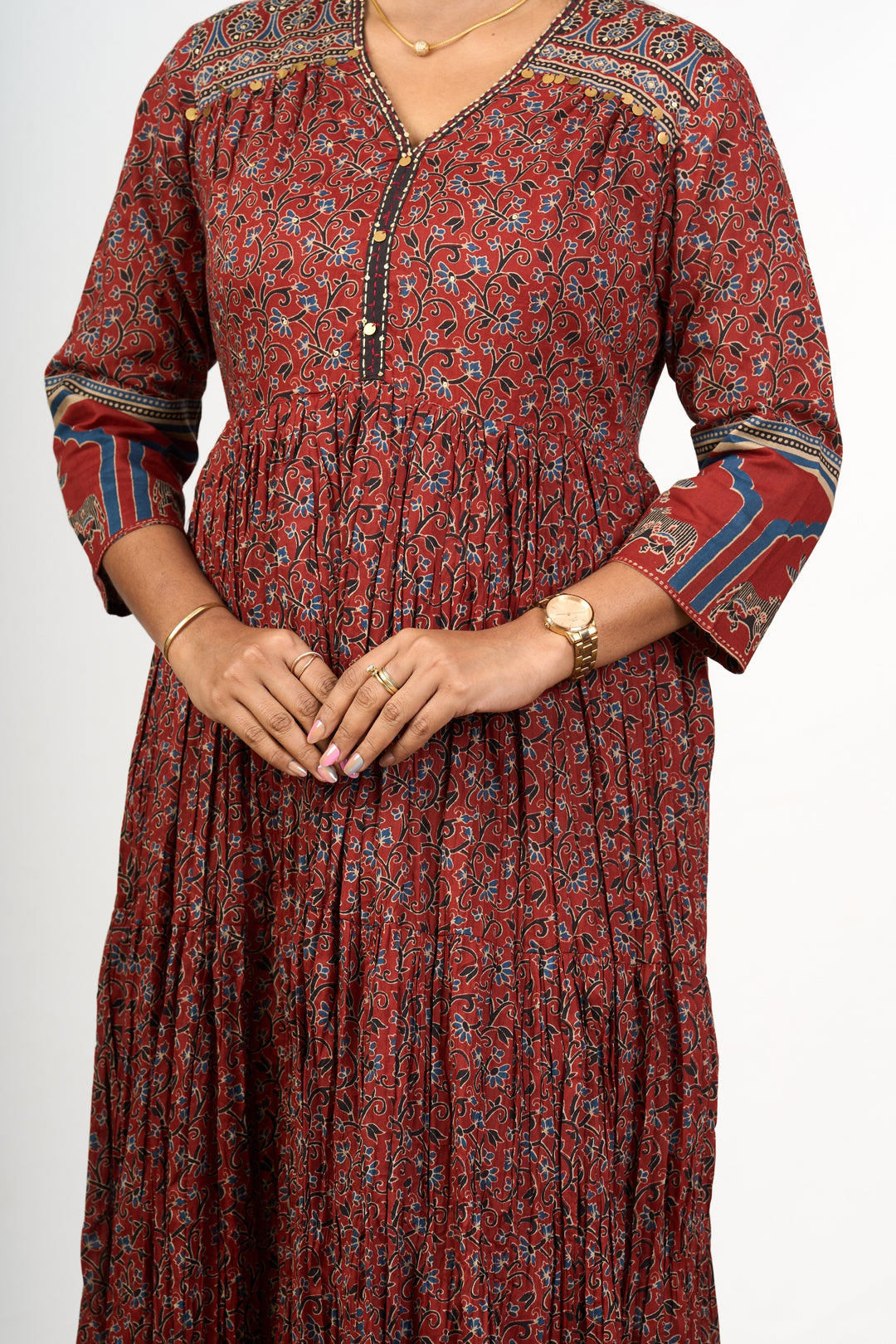 The Nesavu Womens Flared Kurthas Traditional Rust Cotton Women'S Flared Kurtha with Intricate Patterns Nesavu Traditional Rust Cotton Flared Kurtha Intricate Patterns Women | The Nesavu