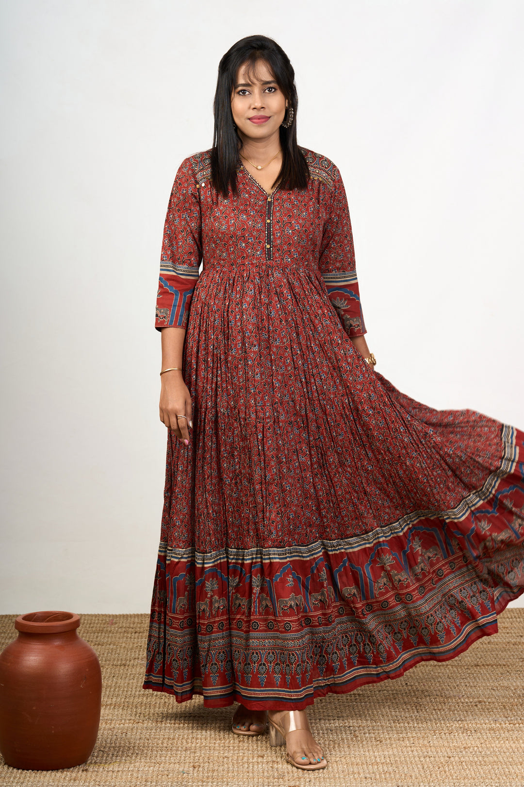 The Nesavu Womens Flared Kurthas Traditional Rust Cotton Women'S Flared Kurtha with Intricate Patterns Nesavu Traditional Rust Cotton Flared Kurtha Intricate Patterns Women | The Nesavu