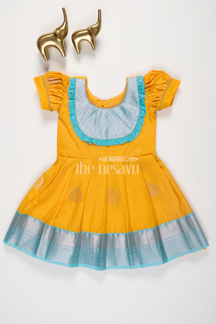 The Nesavu Girls Kanchi Silk Frock Traditional Semi Kanchivaram Silk Frock for Girls with Blue Border and Puff Sleeves Nesavu 16 (1Y) / Yellow / Style 2 SF818AB-16 Nesavu Girls Semi Kanchivaram Silk Frock Blue Border Puff Sleeves Special Occasions