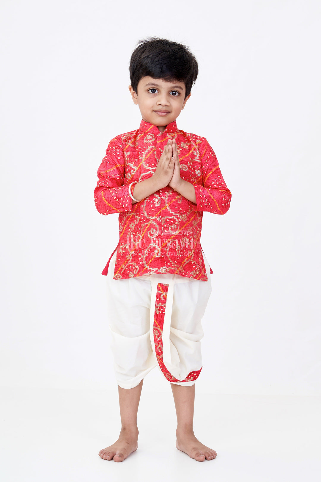 The Nesavu Boys Dothi Set Traditional Silk Dhoti Kurta Set for Boys with Bandhini Print and Classic Embroidery Nesavu 10 (NB) / Pink BES646A-10 Traditional Silk Dhoti Kurta Set Boys Bandhini Print Classic Embroidery | The Nesavu