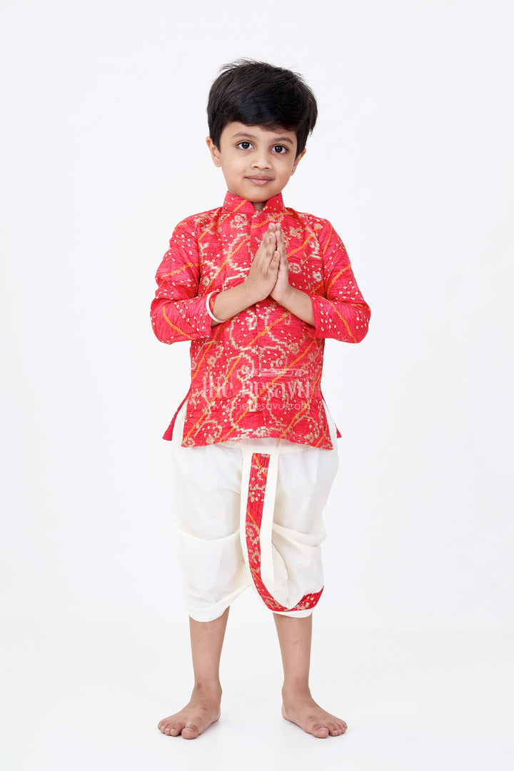 The Nesavu Boys Dothi Set Traditional Silk Dhoti Kurta Set for Boys with Bandhini Print and Classic Embroidery Nesavu 10 (NB) / Pink BES646A-10 Traditional Silk Dhoti Kurta Set Boys Bandhini Print Classic Embroidery | The Nesavu
