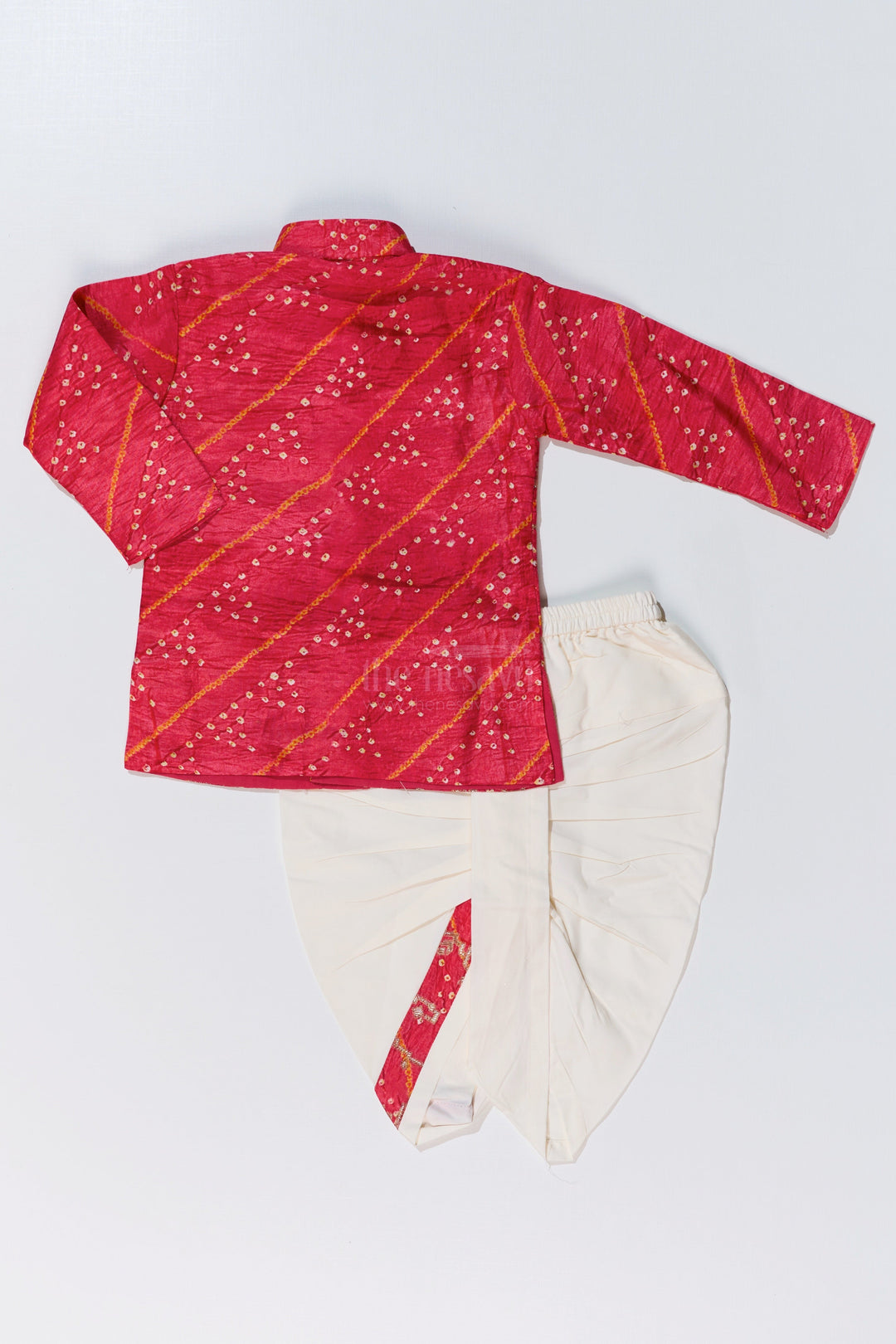 The Nesavu Boys Dothi Set Traditional Silk Dhoti Kurta Set for Boys with Bandhini Print and Classic Embroidery Nesavu Traditional Silk Dhoti Kurta Set Boys Bandhini Print Classic Embroidery | The Nesavu