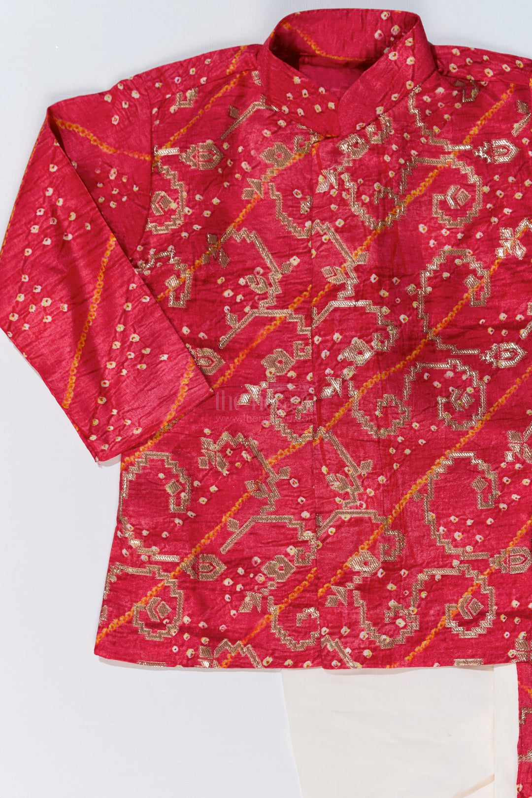 The Nesavu Boys Dothi Set Traditional Silk Dhoti Kurta Set for Boys with Bandhini Print and Classic Embroidery Nesavu Traditional Silk Dhoti Kurta Set Boys Bandhini Print Classic Embroidery | The Nesavu