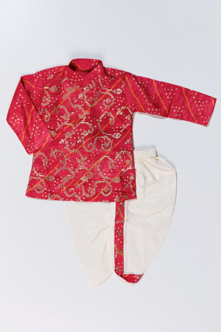 The Nesavu Boys Dothi Set Traditional Silk Dhoti Kurta Set for Boys with Bandhini Print and Classic Embroidery Nesavu Traditional Silk Dhoti Kurta Set Boys Bandhini Print Classic Embroidery | The Nesavu