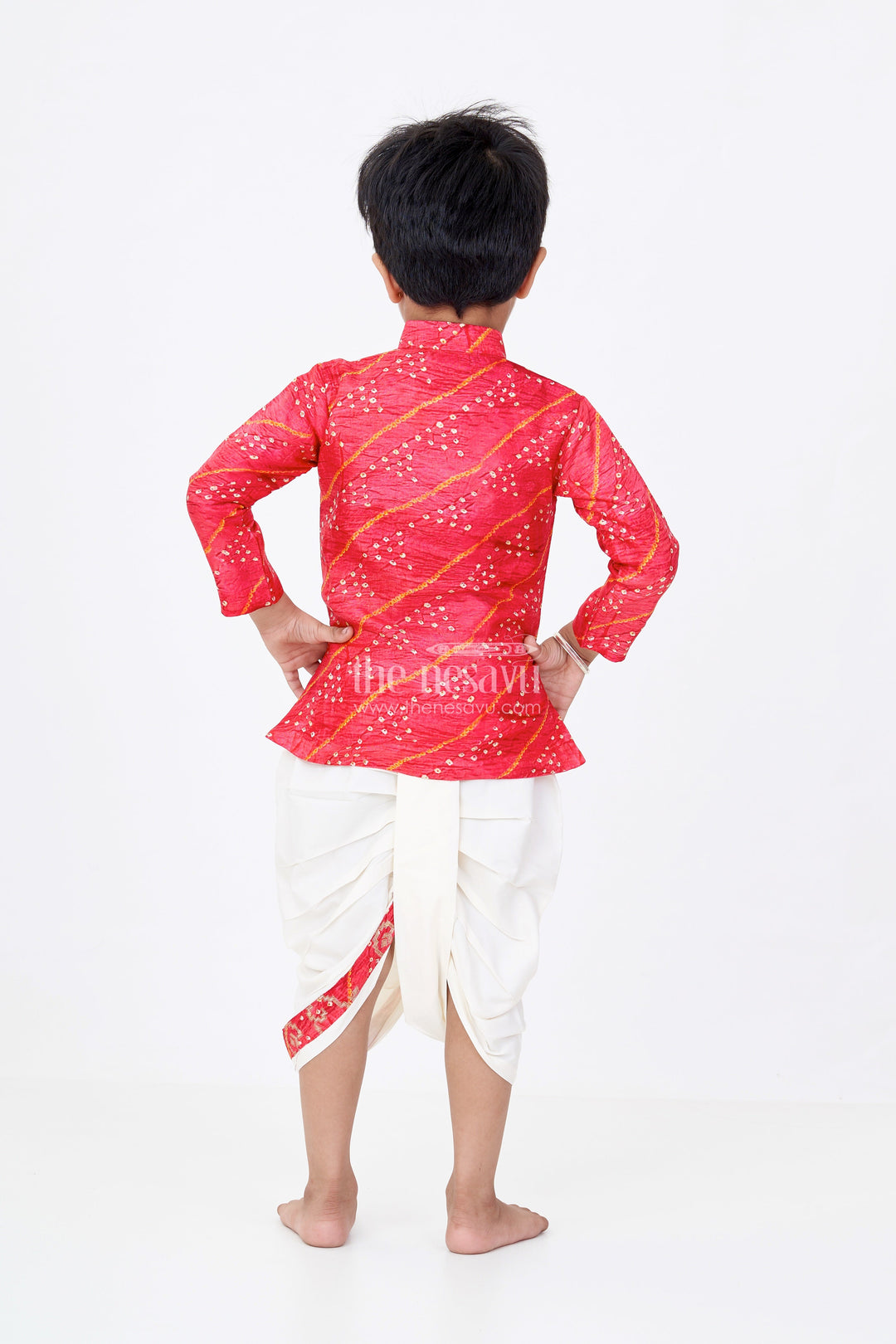 The Nesavu Boys Dothi Set Traditional Silk Dhoti Kurta Set for Boys with Bandhini Print and Classic Embroidery Nesavu Traditional Silk Dhoti Kurta Set Boys Bandhini Print Classic Embroidery | The Nesavu