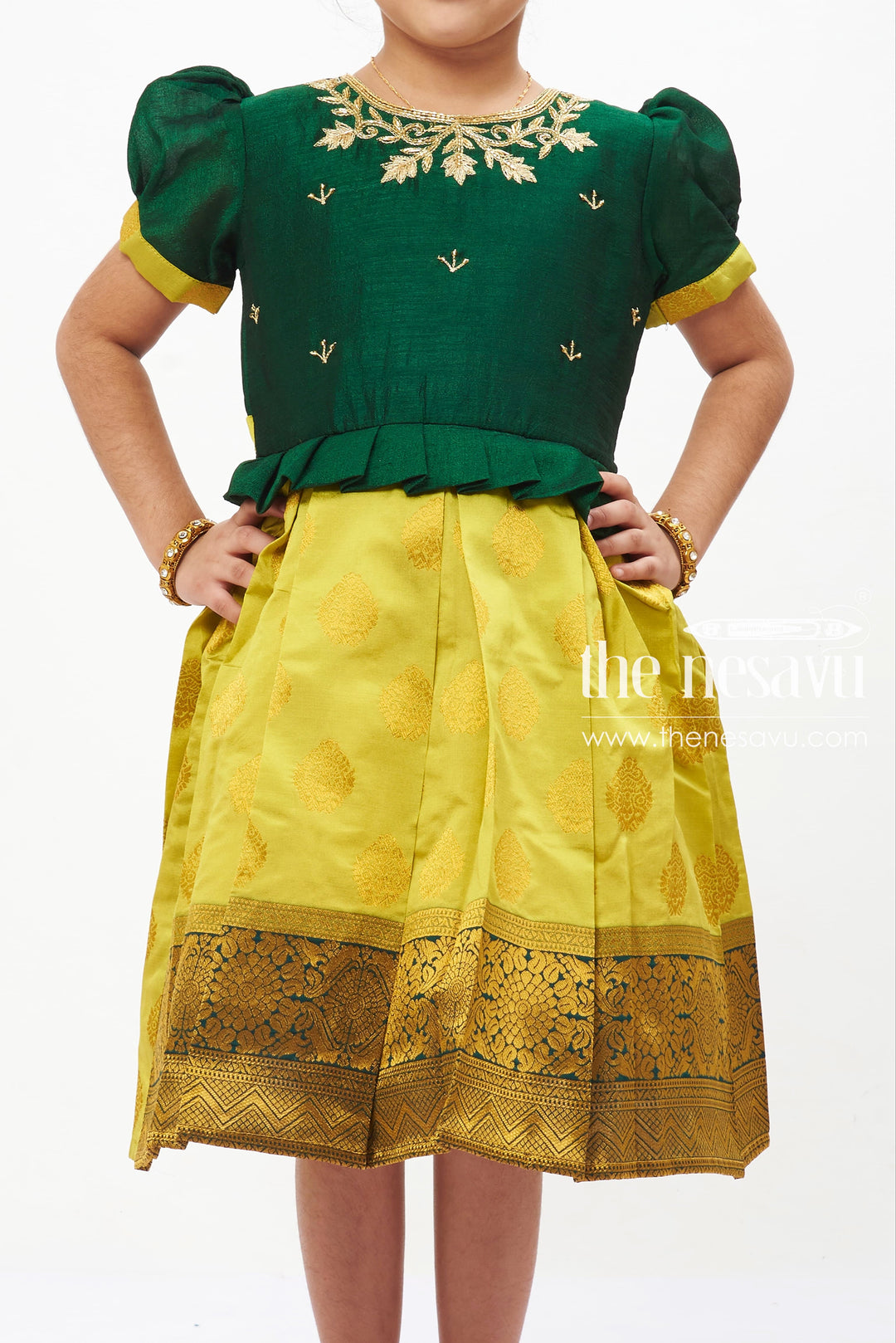 The Nesavu Silk Embroidered Frock Traditional Silk Frock for Girls - Emerald Green with Golden Zari Embroidery Nesavu Girls Emerald Green Silk Frock | Golden Zari Embroidery | The Nesavu