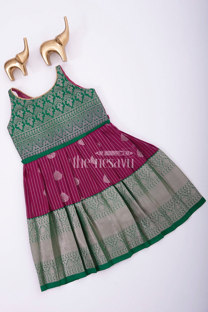 The Nesavu Girls Kanchi Silk Frock Traditional Silk Frock for Girls with Semi Kanjivaram Tissue Saree Nesavu 14 (6M) / Green / Style 2 SF899B-14 Nesavu Traditional Silk Frock for Girls - Semi Kanjivaram Tissue Saree Dress for Festive & Wedding Wear