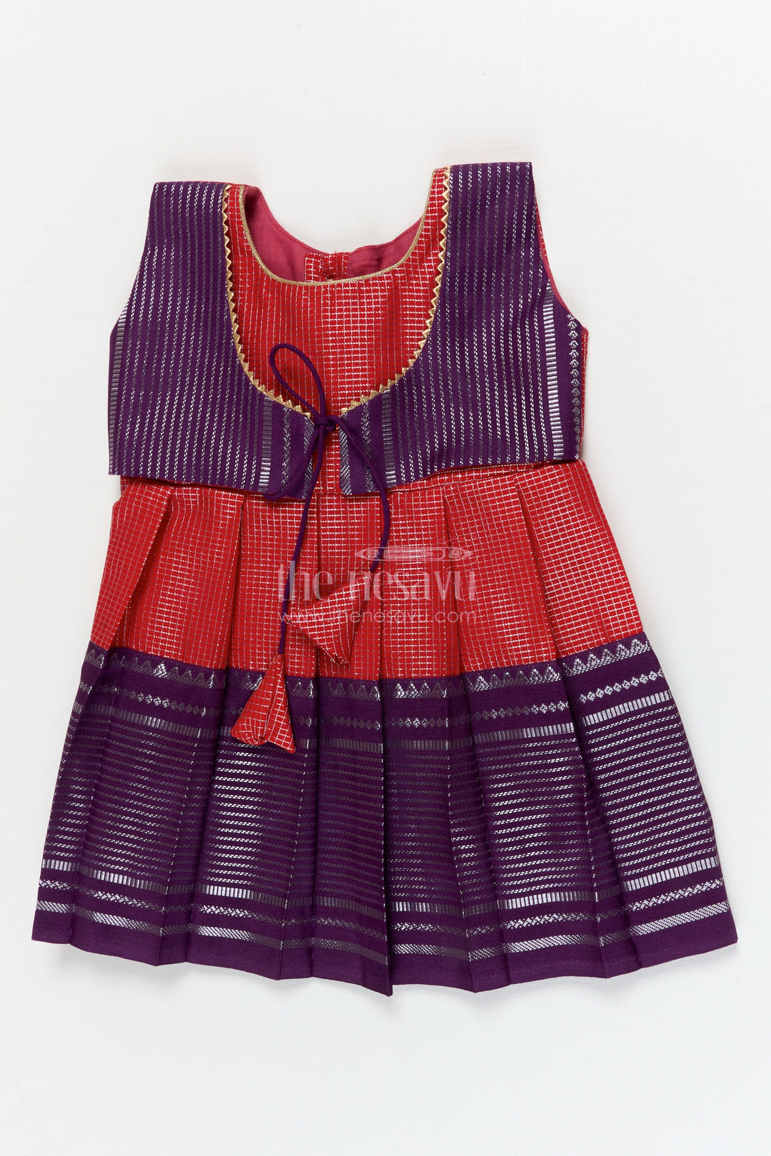 The Nesavu Girls Kanchi Silk Frock Traditional Silk Frock for Toddler Girls with Arani Saree Style Detailing Nesavu 10 (NB) / Orange / style 3 KSF002AC-10 Nesavu toddler girl traditional silk frock inspired by Arani sarees for festive celebrations