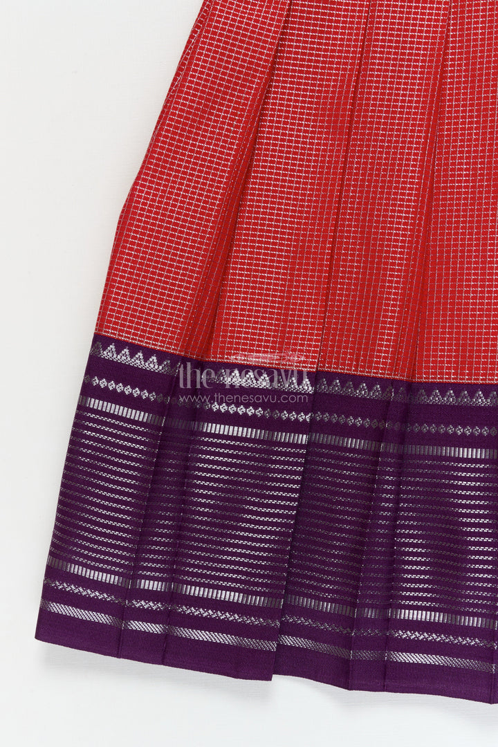 The Nesavu Girls Kanchi Silk Frock Traditional Silk Frock for Toddler Girls with Arani Saree Style Detailing Nesavu Nesavu toddler girl traditional silk frock inspired by Arani sarees for festive celebrations