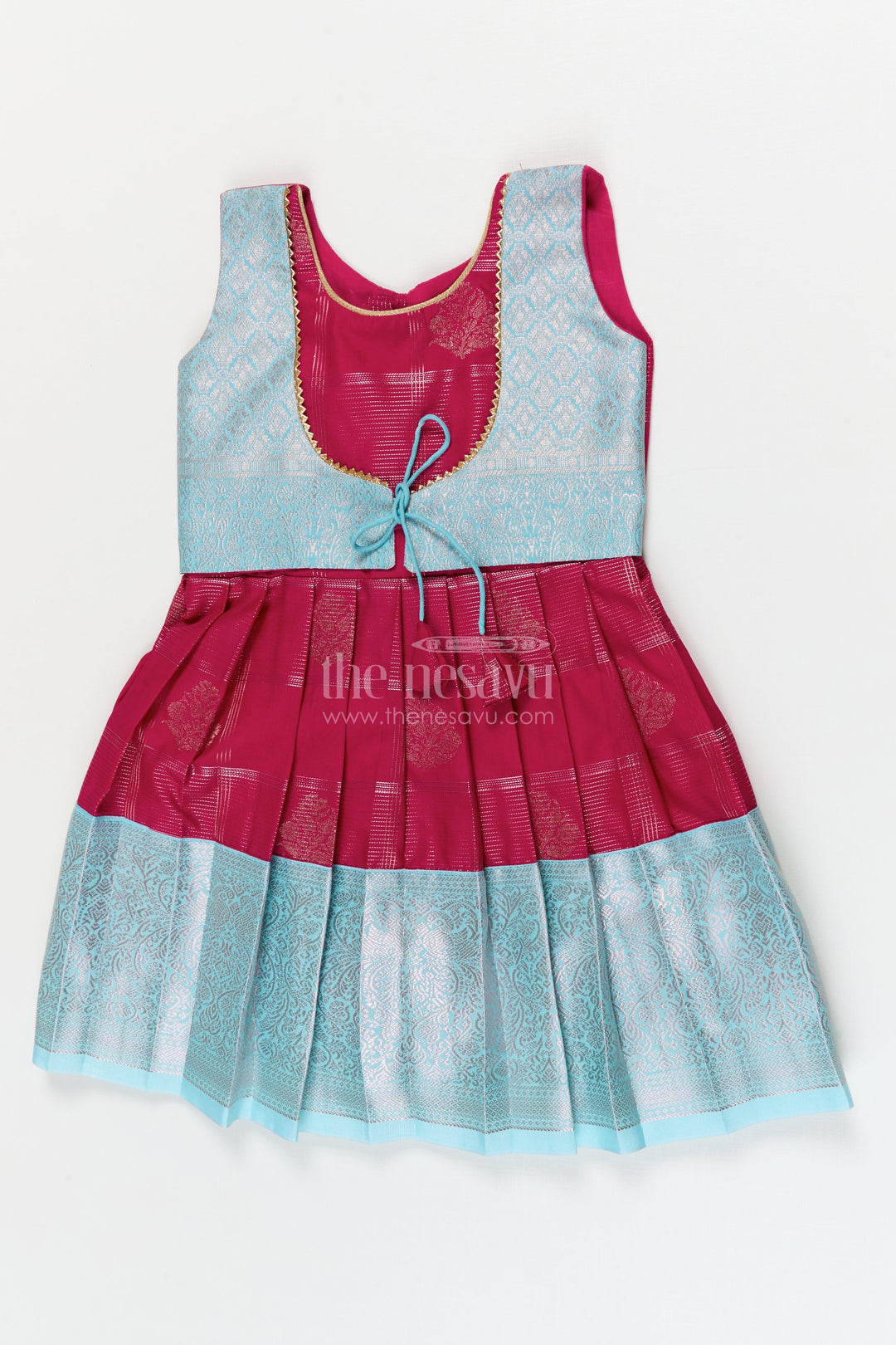 The Nesavu Girls Kanchi Silk Frock Traditional Silk Frock for Toddler Girls with Kanchivaram Inspired Zari Craftsmanship Nesavu 10 (NB) / Pink / style 2 KSF038CB-10 Nesavu toddler girl silk frock with Kanchivaram inspired zari pleats and festive jacquard yoke