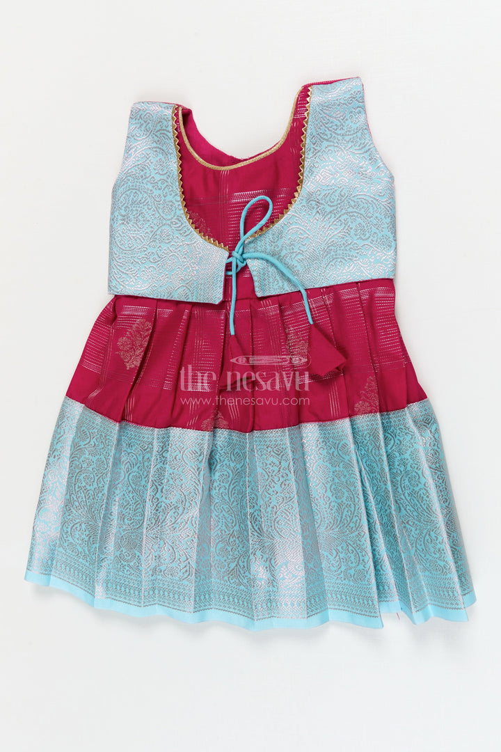 The Nesavu Girls Kanchi Silk Frock Traditional Silk Frock for Toddler Girls with Kanchivaram Inspired Zari Craftsmanship Nesavu 10 (NB) / Pink / style 3 KSF038CC-10 Nesavu toddler girl silk frock with Kanchivaram inspired zari pleats and festive jacquard yoke