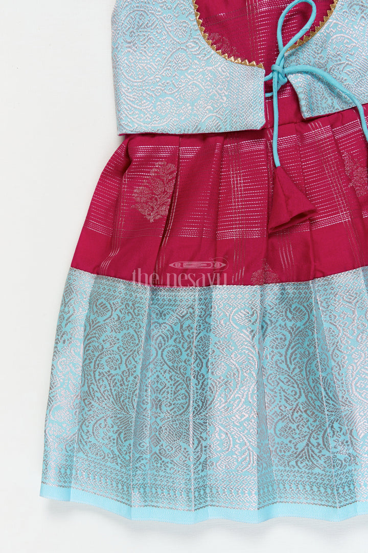 The Nesavu Girls Kanchi Silk Frock Traditional Silk Frock for Toddler Girls with Kanchivaram Inspired Zari Craftsmanship Nesavu Nesavu toddler girl silk frock with Kanchivaram inspired zari pleats and festive jacquard yoke