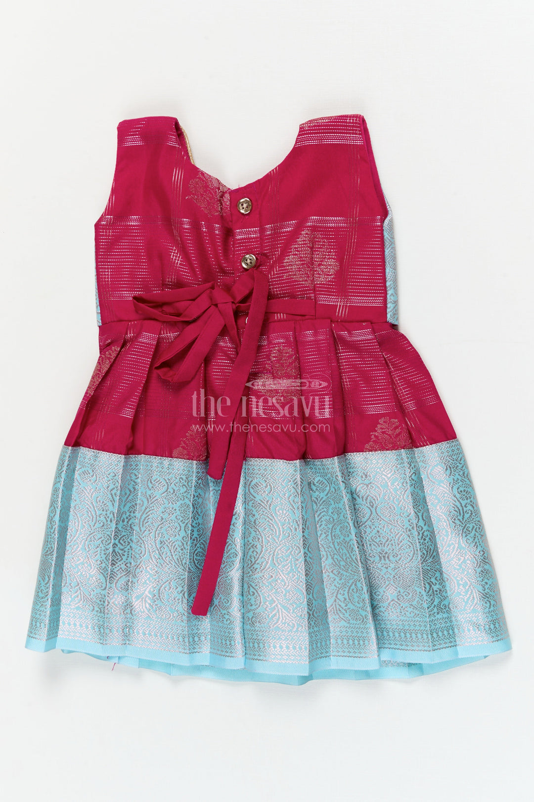 The Nesavu Girls Kanchi Silk Frock Traditional Silk Frock for Toddler Girls with Kanchivaram Inspired Zari Craftsmanship Nesavu Nesavu toddler girl silk frock with Kanchivaram inspired zari pleats and festive jacquard yoke