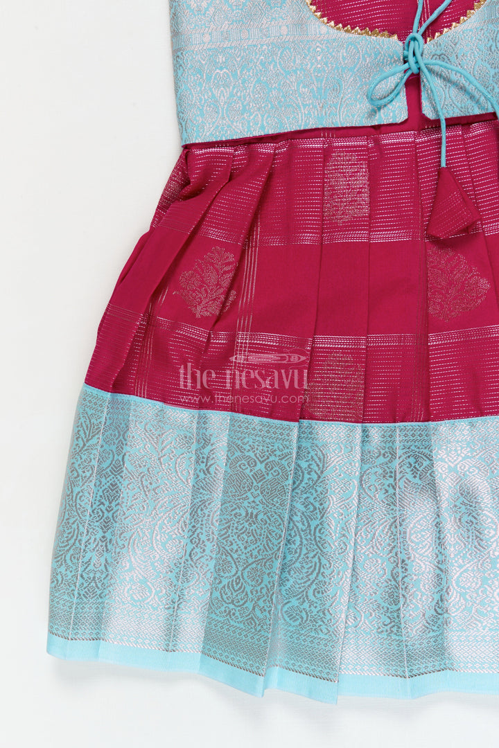 The Nesavu Girls Kanchi Silk Frock Traditional Silk Frock for Toddler Girls with Kanchivaram Inspired Zari Craftsmanship Nesavu Nesavu toddler girl silk frock with Kanchivaram inspired zari pleats and festive jacquard yoke