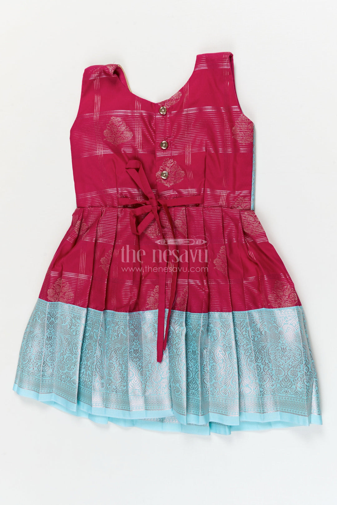 The Nesavu Girls Kanchi Silk Frock Traditional Silk Frock for Toddler Girls with Kanchivaram Inspired Zari Craftsmanship Nesavu Nesavu toddler girl silk frock with Kanchivaram inspired zari pleats and festive jacquard yoke