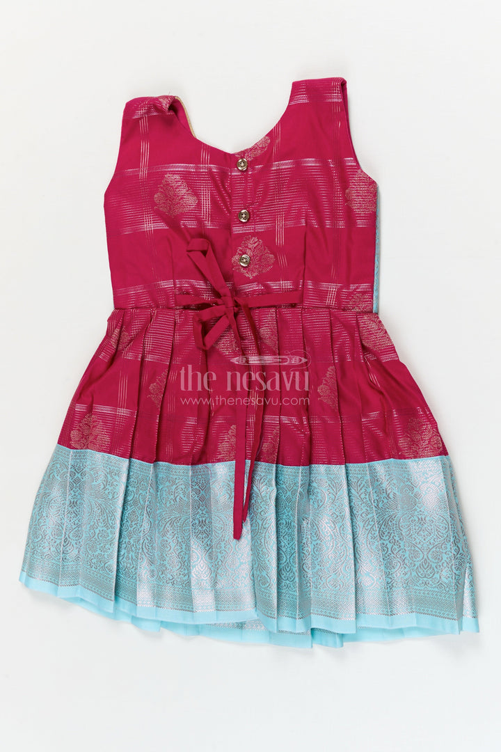 The Nesavu Girls Kanchi Silk Frock Traditional Silk Frock for Toddler Girls with Kanchivaram Inspired Zari Craftsmanship Nesavu Nesavu toddler girl silk frock with Kanchivaram inspired zari pleats and festive jacquard yoke