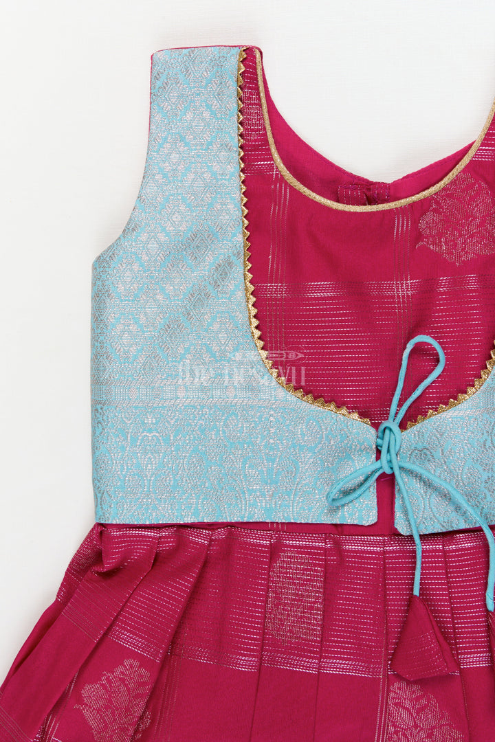 The Nesavu Girls Kanchi Silk Frock Traditional Silk Frock for Toddler Girls with Kanchivaram Inspired Zari Craftsmanship Nesavu Nesavu toddler girl silk frock with Kanchivaram inspired zari pleats and festive jacquard yoke