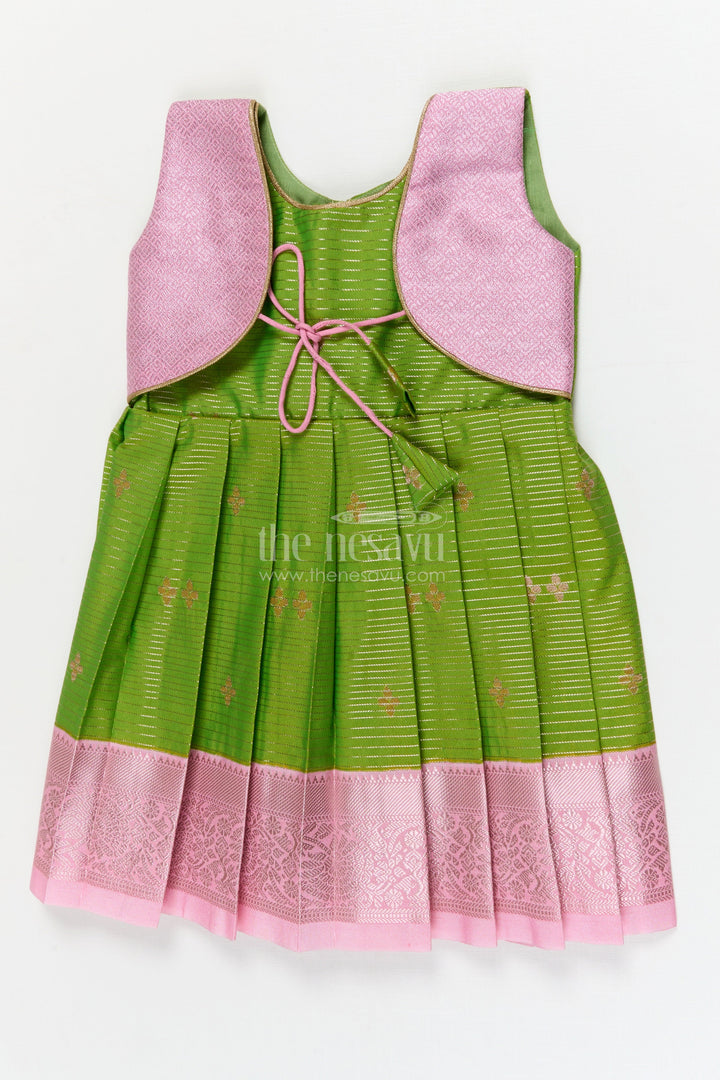 The Nesavu Girls Kanchi Silk Frock Traditional Silk Frock for Toddler Girls with Kanchivaram Saree Inspired Contrast Yoke Nesavu 10 (NB) / Green / style 1 KSF012BA-10 Nesavu toddler girl traditional silk frock with Kanchivaram saree inspired zari weave and contrast yoke
