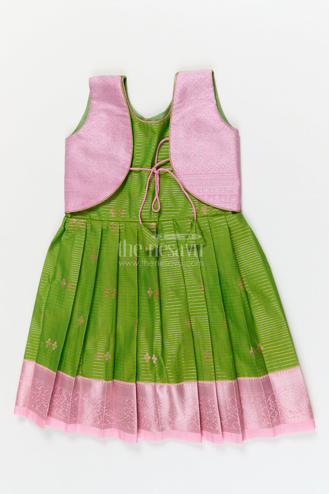 The Nesavu Girls Kanchi Silk Frock Traditional Silk Frock for Toddler Girls with Kanchivaram Saree Inspired Contrast Yoke Nesavu 10 (NB) / Green / style 2 KSF012BB-10 Nesavu toddler girl traditional silk frock with Kanchivaram saree inspired zari weave and contrast yoke