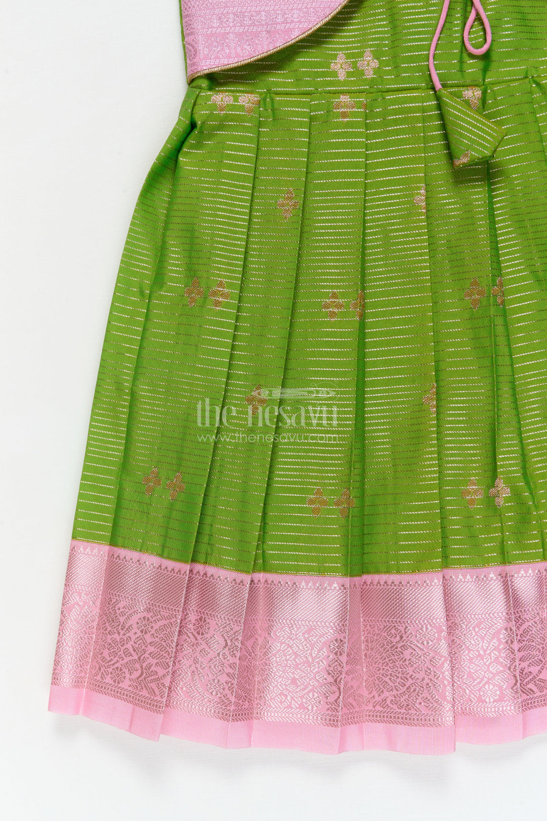 The Nesavu Girls Kanchi Silk Frock Traditional Silk Frock for Toddler Girls with Kanchivaram Saree Inspired Contrast Yoke Nesavu Nesavu toddler girl traditional silk frock with Kanchivaram saree inspired zari weave and contrast yoke