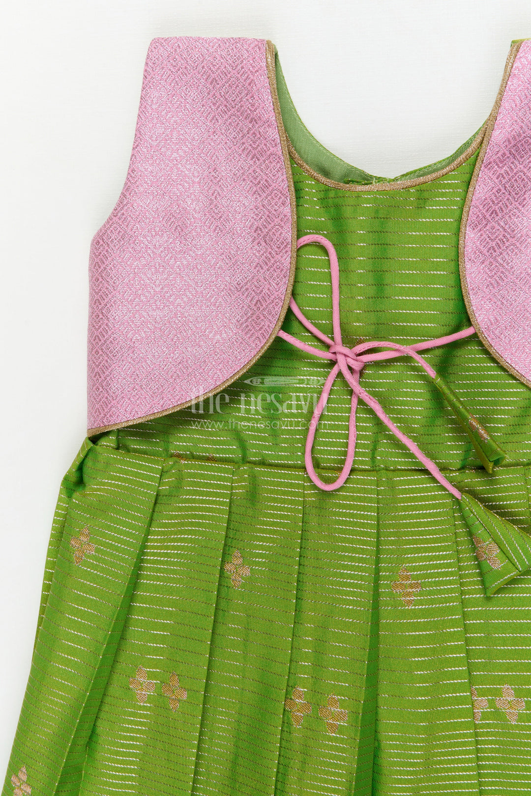 The Nesavu Girls Kanchi Silk Frock Traditional Silk Frock for Toddler Girls with Kanchivaram Saree Inspired Contrast Yoke Nesavu Nesavu toddler girl traditional silk frock with Kanchivaram saree inspired zari weave and contrast yoke