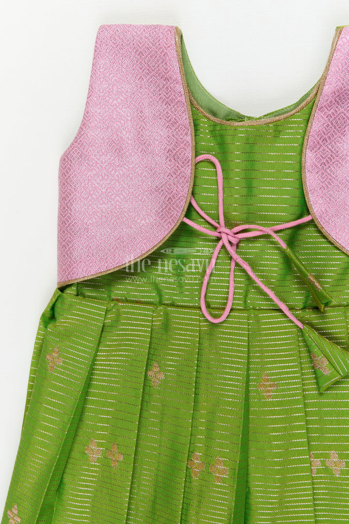 The Nesavu Girls Kanchi Silk Frock Traditional Silk Frock for Toddler Girls with Kanchivaram Saree Inspired Contrast Yoke Nesavu Nesavu toddler girl traditional silk frock with Kanchivaram saree inspired zari weave and contrast yoke