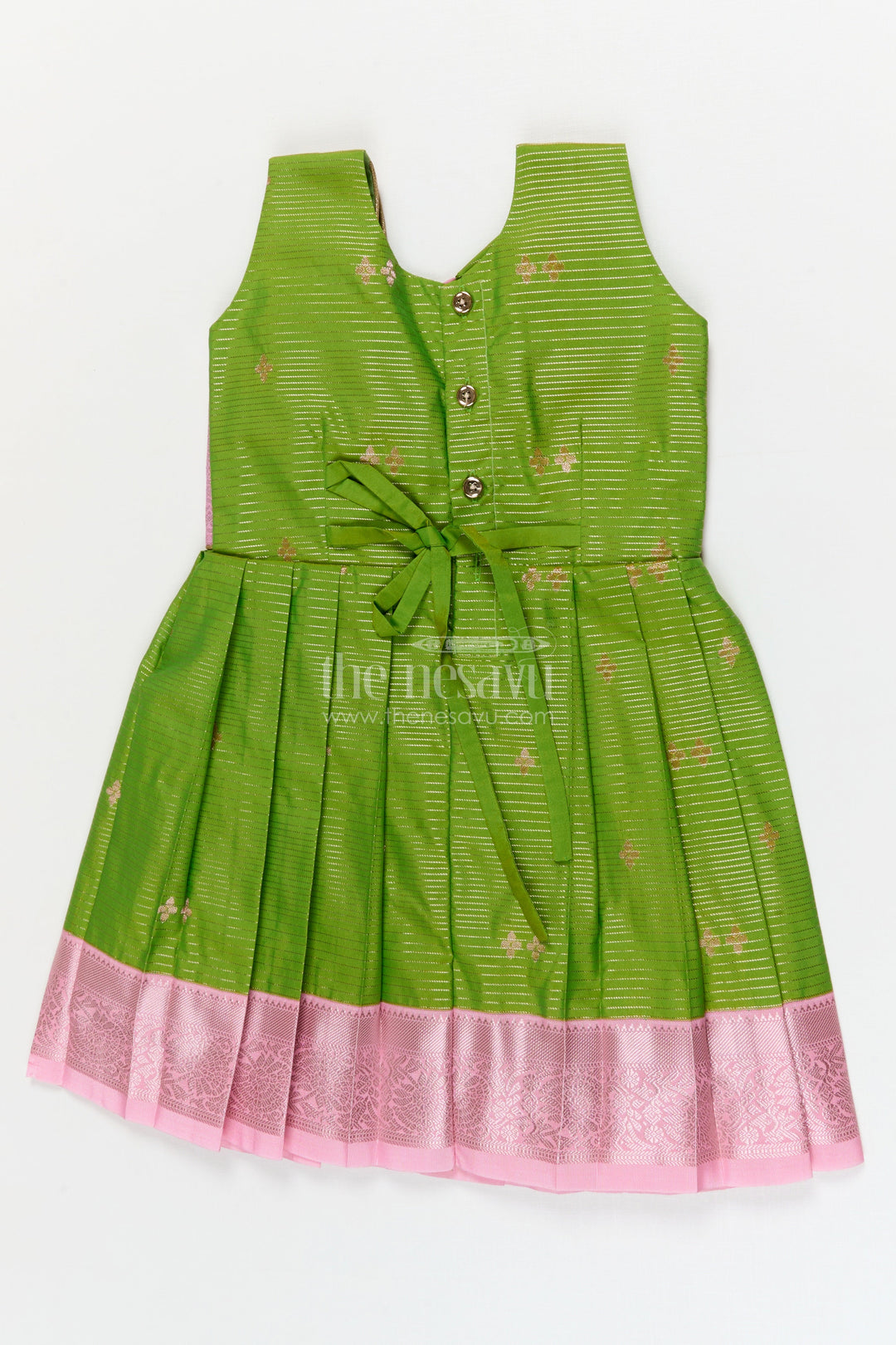 The Nesavu Girls Kanchi Silk Frock Traditional Silk Frock for Toddler Girls with Kanchivaram Saree Inspired Contrast Yoke Nesavu Nesavu toddler girl traditional silk frock with Kanchivaram saree inspired zari weave and contrast yoke
