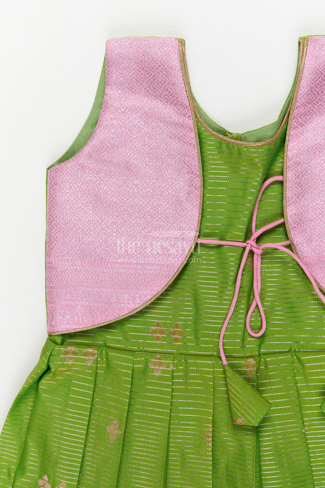 The Nesavu Girls Kanchi Silk Frock Traditional Silk Frock for Toddler Girls with Kanchivaram Saree Inspired Contrast Yoke Nesavu Nesavu toddler girl traditional silk frock with Kanchivaram saree inspired zari weave and contrast yoke