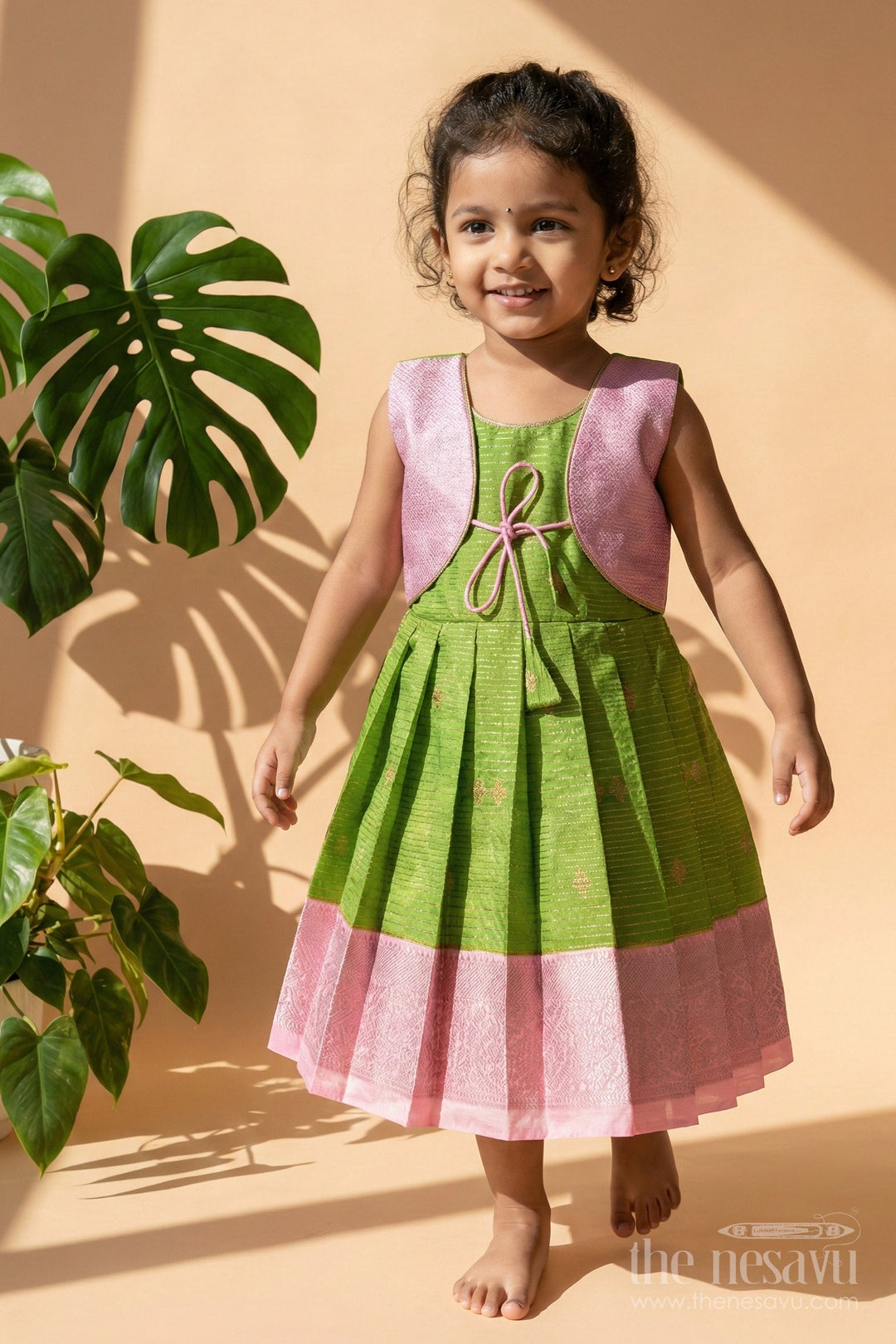 The Nesavu Girls Kanchi Silk Frock Traditional Silk Frock for Toddler Girls with Kanchivaram Saree Inspired Contrast Yoke Nesavu Nesavu toddler girl traditional silk frock with Kanchivaram saree inspired zari weave and contrast yoke