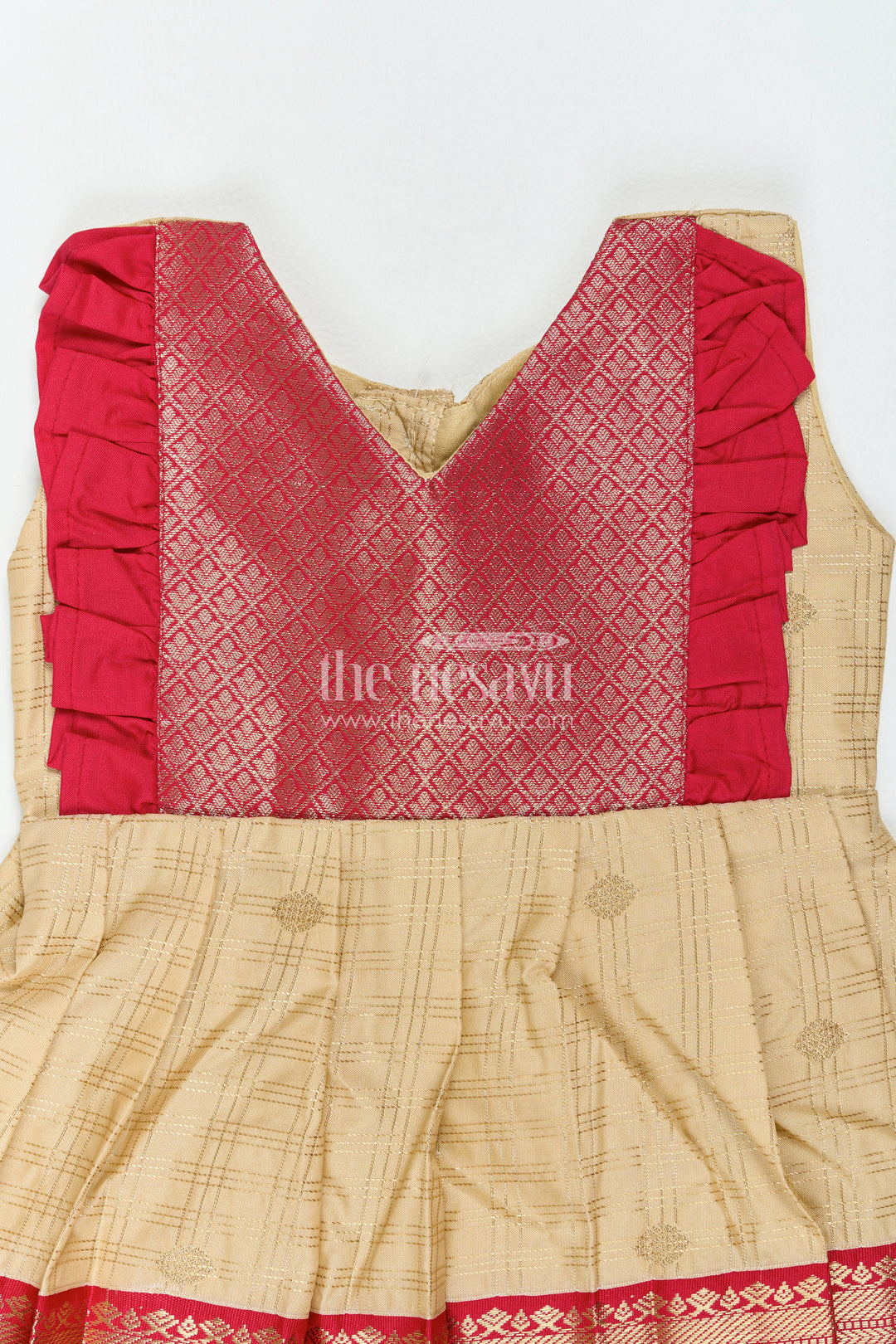The Nesavu Girls Kanchi Silk Frock Traditional Silk Frock in Gold for Celebration Styling Nesavu Nesavu Traditional Silk Frock In Gold For Celebration Styling