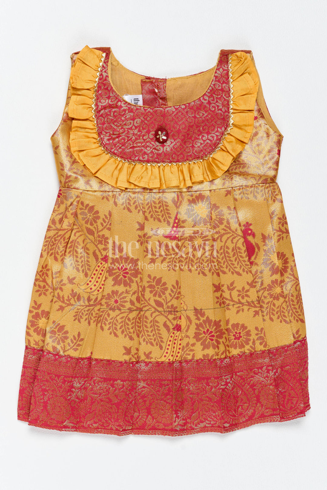 The Nesavu Girls Kanchi Silk Frock Traditional Silk Frock in Gold for Celebrations and Photos Nesavu 10 (NB) / Gold / Style 2 KSF085AB-10 Nesavu Traditional Silk Frock In Gold For Parties And Memorable Photos KSF085AB-10