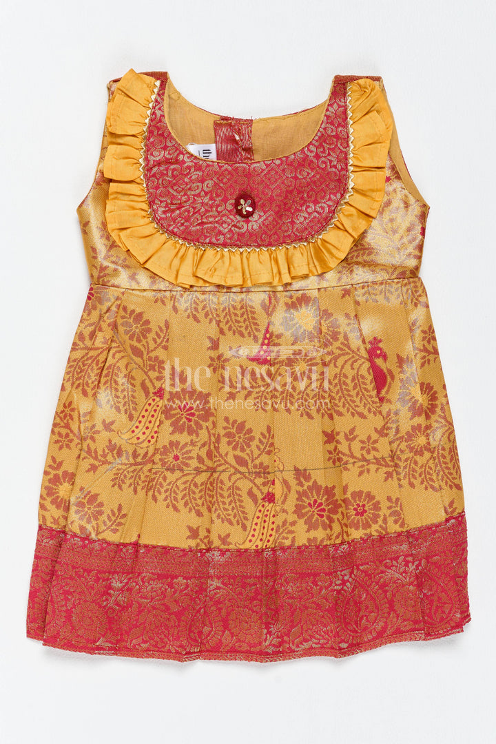 The Nesavu Girls Kanchi Silk Frock Traditional Silk Frock in Gold for Celebrations and Photos Nesavu 10 (NB) / Gold / Style 2 KSF085AB-10 Nesavu Traditional Silk Frock In Gold For Parties And Memorable Photos KSF085AB-10