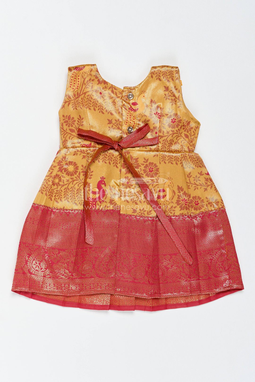 The Nesavu Girls Kanchi Silk Frock Traditional Silk Frock in Gold for Celebrations and Photos Nesavu Nesavu Traditional Silk Frock In Gold For Parties And Memorable Photos