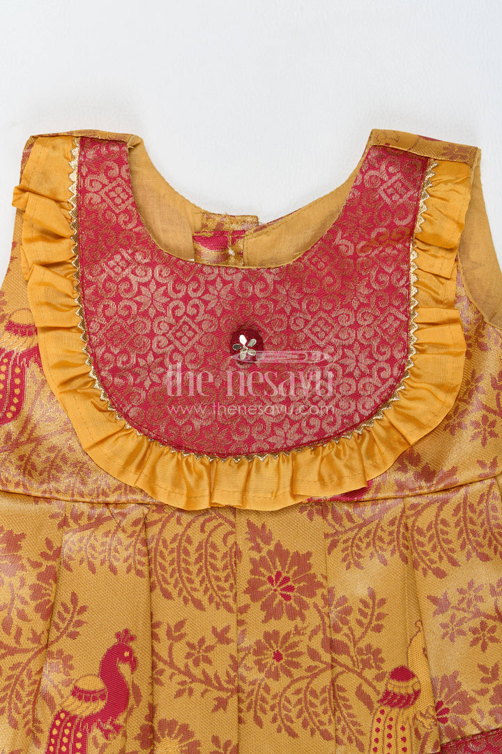 The Nesavu Girls Kanchi Silk Frock Traditional Silk Frock in Gold for Celebrations and Photos Nesavu Nesavu Traditional Silk Frock In Gold For Parties And Memorable Photos