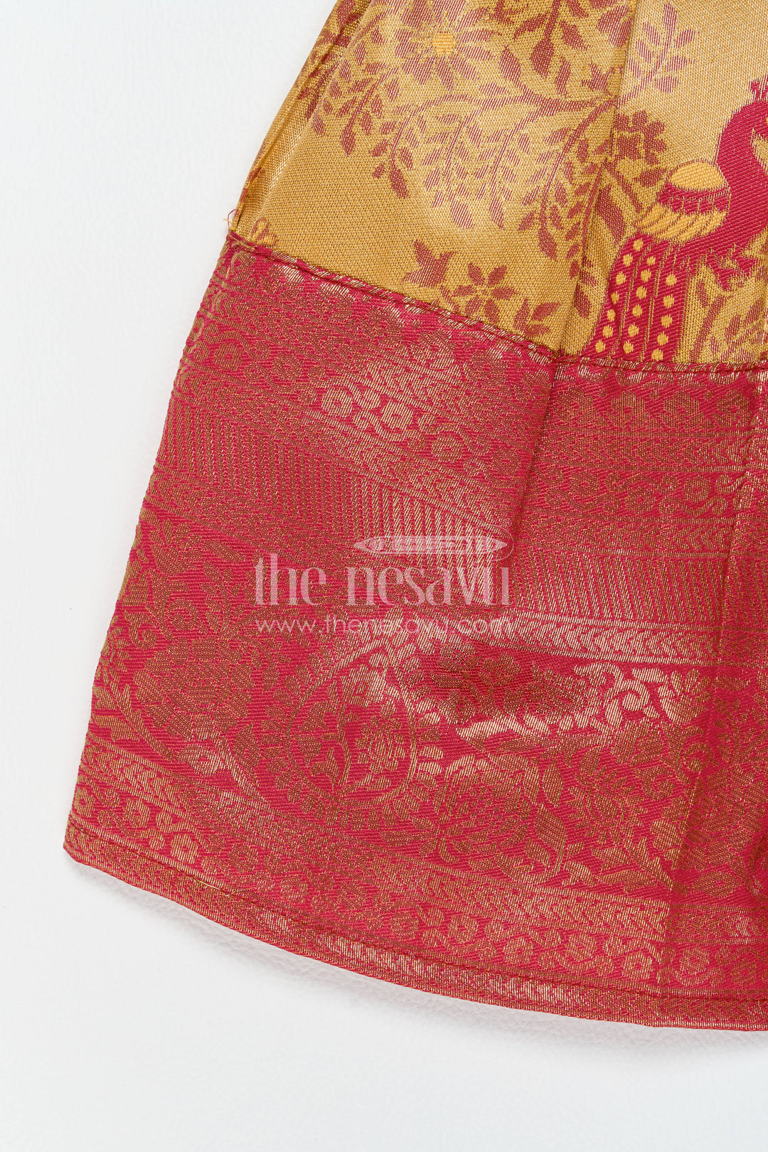 The Nesavu Girls Kanchi Silk Frock Traditional Silk Frock in Gold for Celebrations and Photos Nesavu Nesavu Traditional Silk Frock In Gold For Parties And Memorable Photos