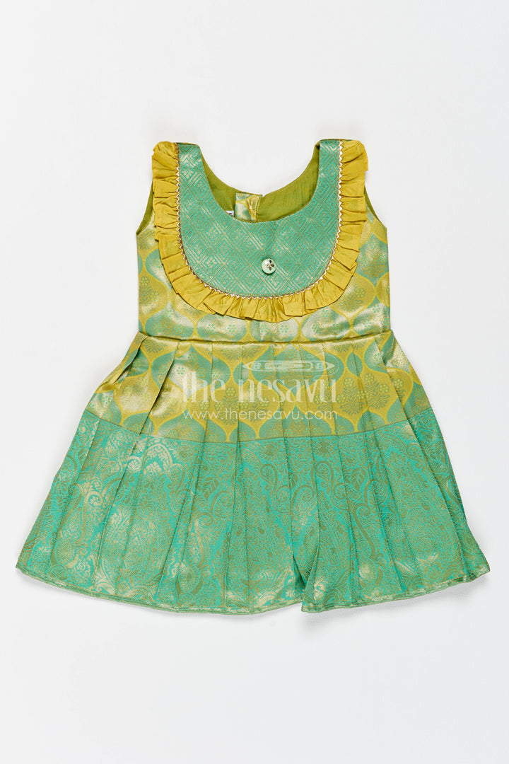 The Nesavu Girls Kanchi Silk Frock Traditional Silk Frock in Green for Celebrations and Photos Nesavu 16 (1Y) / Green / Style 1 KSF071FA-16 Nesavu Traditional Silk Frock With Woven Texture For Weddings KSF071FA-16