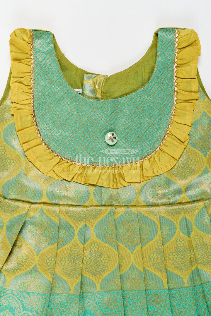 The Nesavu Girls Kanchi Silk Frock Traditional Silk Frock in Green for Celebrations and Photos Nesavu Nesavu Traditional Silk Frock With Woven Texture For Weddings